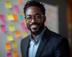 Poster - Smiling businessman standing in front of a whiteboard filled with creative ideas