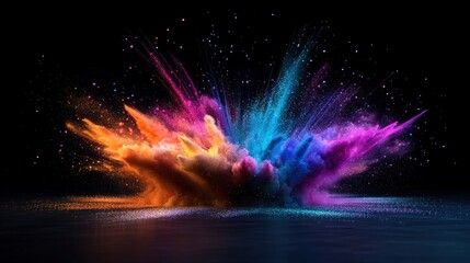 Poster - Colorful Powder Explosion with Orange, Pink, Blue and Purple Against Black Background Creating Dynamic and Vibrant Spectacle of Light and Energy