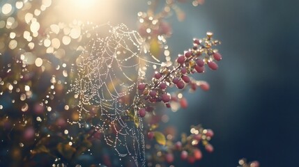 Aufkleber - Dew-covered spiderweb on a branch with red berries at sunrise.