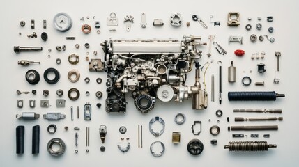 Aufkleber - Disassembled engine with its parts arranged on a white background.