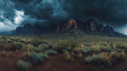 Aufkleber - Dramatic desert landscape with looming storm clouds over mountains.