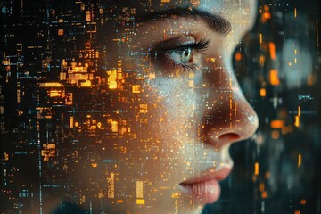 Poster - AI Art Generator Creates a Futuristic Portrait of a Woman Surrounded by Vibrant Digital Elements and Glowing Patterns