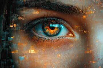 Poster - AI Art Generator Creates a Futuristic Portrait of a Woman Surrounded by Vibrant Digital Elements and Glowing Patterns