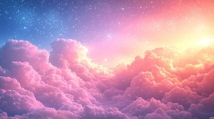 Poster - Dreamlike pastel pink and orange cloudscape with sparkling stars.