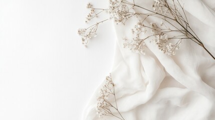Poster - Dried flowers and white fabric on white background.