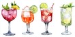 © Kristina - Watercolor set of elegant cocktails png. Cocktails in glass glasses with ice decorated with lime in watercolor style. Alcohol for a party. Vector illustration