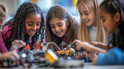 a group of young girls from diverse ethnic backgrounds working on a robotics project in a science cl