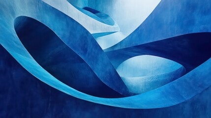 Poster - A Modernist Stairway: A captivating and abstract photo of a sleek spiral staircase sculpted in shades of blue, inviting the viewer to ascend through a dreamlike, modern architectural landscape.