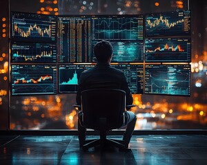 Poster - Trader Analyzing Financial Data on Multiple Screens