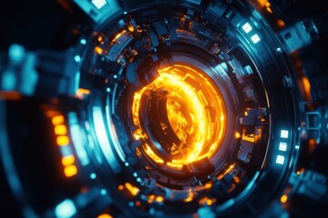 Poster - Futuristic glowing vortex with intricate metallic design in a dark setting