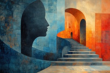 Poster - Intricate Play of Abstract Shapes and Shadows in a Contemporary Architectural Staircase Design Featuring Unique Curves and Textures