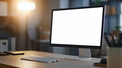 Poster - A modern workspace featuring a blank computer screen, keyboard, and warm ambient lighting