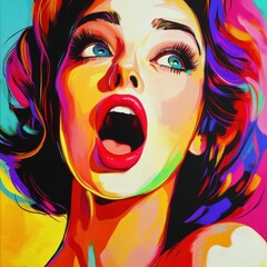 Aufkleber - Vibrant expression of joy captured in colorful portrait of a woman with open mouth in expressive art style