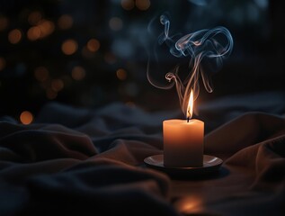 Aufkleber - A lit candle with smoke emanating from it, set against a blurred background with bokeh effects. The candle is placed on a surface with a cloth, and the background is dark with some lights visible.