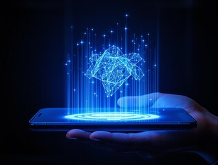 Aufkleber - A person's hand holding a smartphone with a digital interface, illuminated by a blue hue, against a dark background. The digital interface appears to be a network of lines and dots, suggesting the use