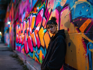 Poster - A woman in a black hoodie leaning against a vibrant, colorful graffiti wall. The graffiti is a mix of bright hues, including blues, yellows, and reds, and features abstract shapes and patterns. The wo