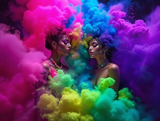 Poster - A vibrant and artistic representation of two women amidst a cloud of multicolored smoke bombs. The smoke bombs are a kaleidoscope of hues, ranging from deep purples and blues to bright pinks and yello