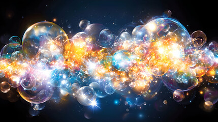 Poster - Abstract Spherical Light Bursts on Dark Background with Glittering Particles and Translucent Bubble Orbs