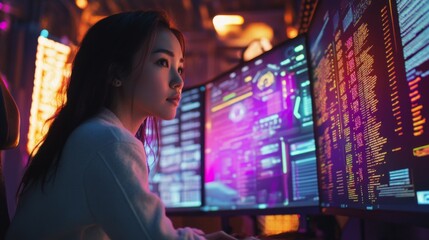 Poster - A Southeast Asian woman software developer analyzing code on multiple monitors cyberpunk-inspired lighting futuristic tech environment