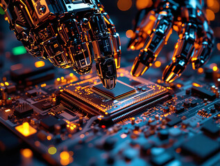Poster - A close-up of a robotic hand meticulously inspecting a circuit board, illuminated by a series of lights that cast a warm glow on the intricate details of the electronic circuit. The background is slig