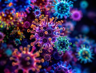 Aufkleber - A vivid, close-up of a coronavirus, illuminated in a myriad of colors against a dark background.