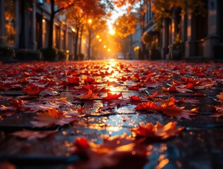 Aufkleber - A vivid, autumnal scene captured in a shallow depth of field, emphasizing the texture of the fallen leaves on the ground. The leaves are a brilliant red, contrasting with the muted tones of the buildi