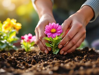 Poster - A person's hands gently cradling a vibrant pink flower amidst a bed of rich, dark soil. The background is softly blurred, emphasizing the beauty of the scene.
