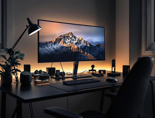 Poster - A modern home office setup with a large, flat-screen computer monitor displaying a serene mountain scene. The desk is adorned with a keyboard, mouse, and various objects, including a houseplant, and i
