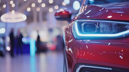 Poster - Close-up of a sleek red car's headlight at a vibrant auto show with blurred background activity