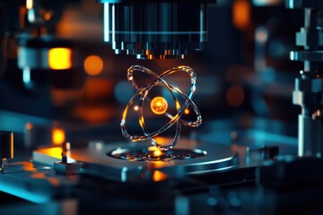 Poster - Scientific illustration of an atom being manipulated in a futuristic laboratory setting