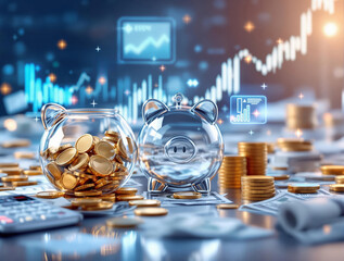 Poster - A close-up shot of a table with a glass jar filled with gold coins, a piggy bank, and a calculator, surrounded by stacks of coins and papers. The background is blurred with a bokeh effect, featuring