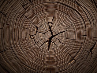 Poster - A close-up view of a cross-section of a tree trunk, revealing the intricate rings of the tree's growth cycle. The texture of the wood is visible, with each ring representing a different year, from the