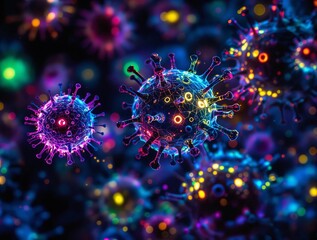Aufkleber - A vivid, abstract representation of a coronavirus, illuminated in a myriad of colors including blues, purples, and yellows. The background is a deep, dark hue, which accentuates the luminosity of the 