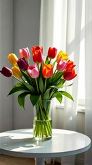 Poster - A vase of tulips sits on a table. The tulips are in various colors, including pink, yellow, and orange