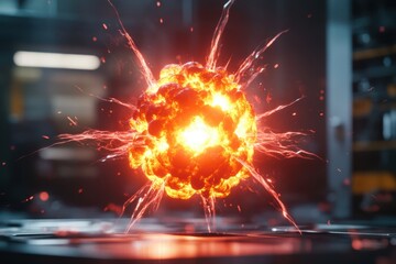 Poster - Explosive energy sphere radiates bright fiery sparks in a futuristic lab environment
