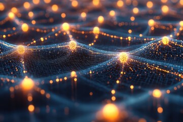 Poster - Visualization of interconnected nodes in a digital network glowing in the dark