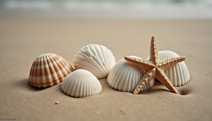 Poster - Seashells and starfish on smooth sand in soft natural light