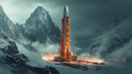 Poster - a rocket stands poised for launch in a rugged mountain terrain, illuminated by vibrant lights as it 