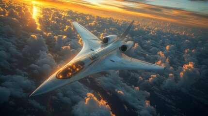 Poster - a sleek spaceplane ascends gracefully above the clouds, illuminated by a stunning sunset, showcasing