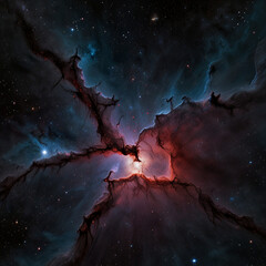 a haunting, dark nebula engulfing a dying star, with deep crimson and midnight blue gases stretching