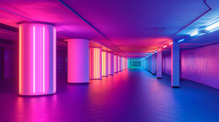 Poster - Vibrant illuminated pathway featuring neon pillars with a captivating perspective view 