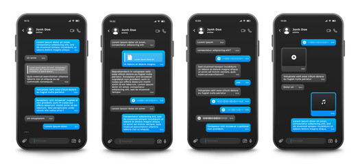 Wall Mural - messaging mobile app interface template, vector illustration. smartphone with dark theme of chat app