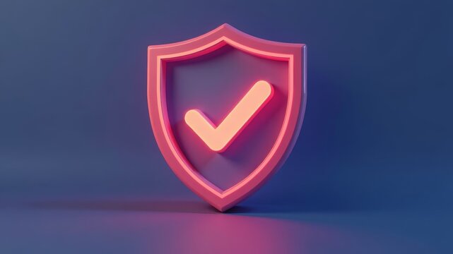 Stylized 3D check mark icon inside a shield in neon colors.