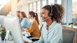 © DigitalDreamScapes - cheerful woman with curly hair is working computer modern office environment, wearing headset and providing technical support