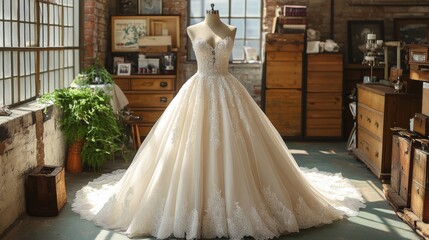 Poster - A stunning wedding dress featuring intricate lace details is showcased on a mannequin in a vintage boutique.