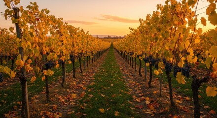 Fototapete - Vibrant vineyard during autumn sunset with ripe grapes and foliage