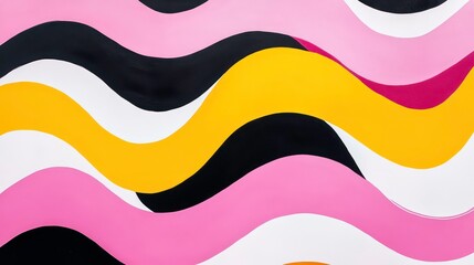 Poster - A vibrant abstract design featuring wavy stripes in pink, yellow, black, and white, creating a dynamic visual impact