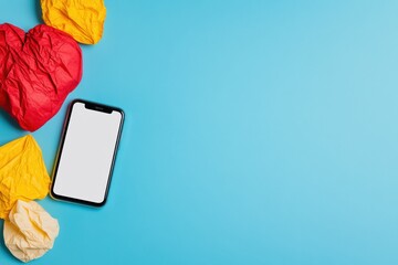 Aufkleber - Minimalist Digital Workspace Modern Smartphone Mockup with Vibrant Crumpled Paper on Trendy Teal - Creative Productivity and Design Inspiration