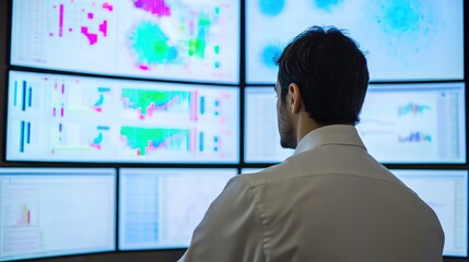 Poster - A professional observing multiple screens displaying data and graphs, focused on analyzing financial markets or technology metrics.