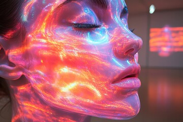 Poster - Holographic Projections Illuminate a Face, Creating Vivid Patterns and Colors in a Modern, Minimalistic Space at Night